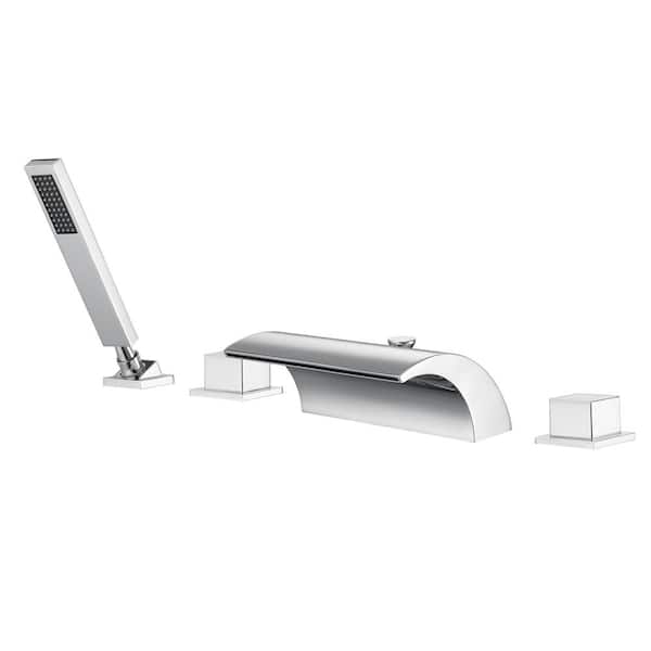 SUMERAIN Waterfall Double Handle Tub Deck Mount Roman Tub Faucet with Hand Shower in Chrome