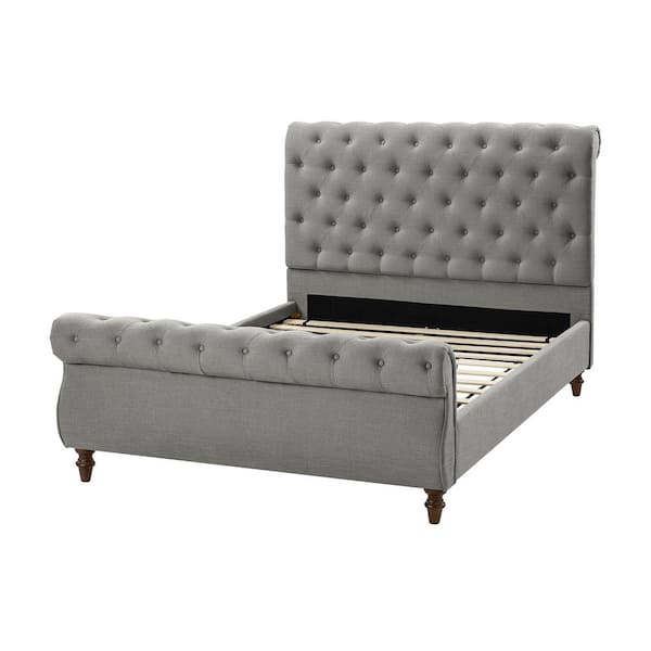 JAYDEN CREATION Elaine Grey Upholstered Traditional Lighted Sleigh Queen Platform Bed with Sturdy Frame and Headboard
