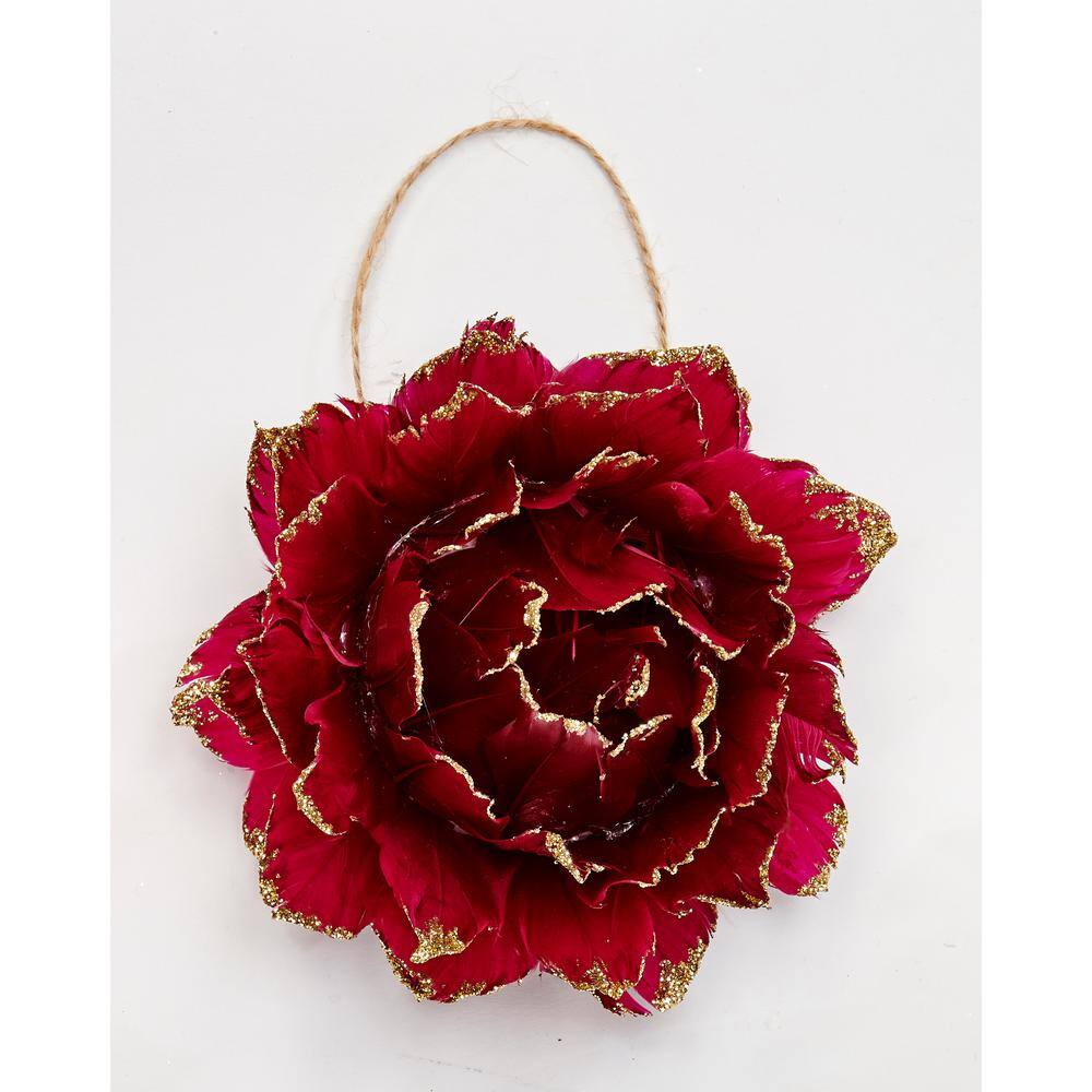 3 in. Glittered Tip Feather Flower Ornament, Burgundy (Set of 6)