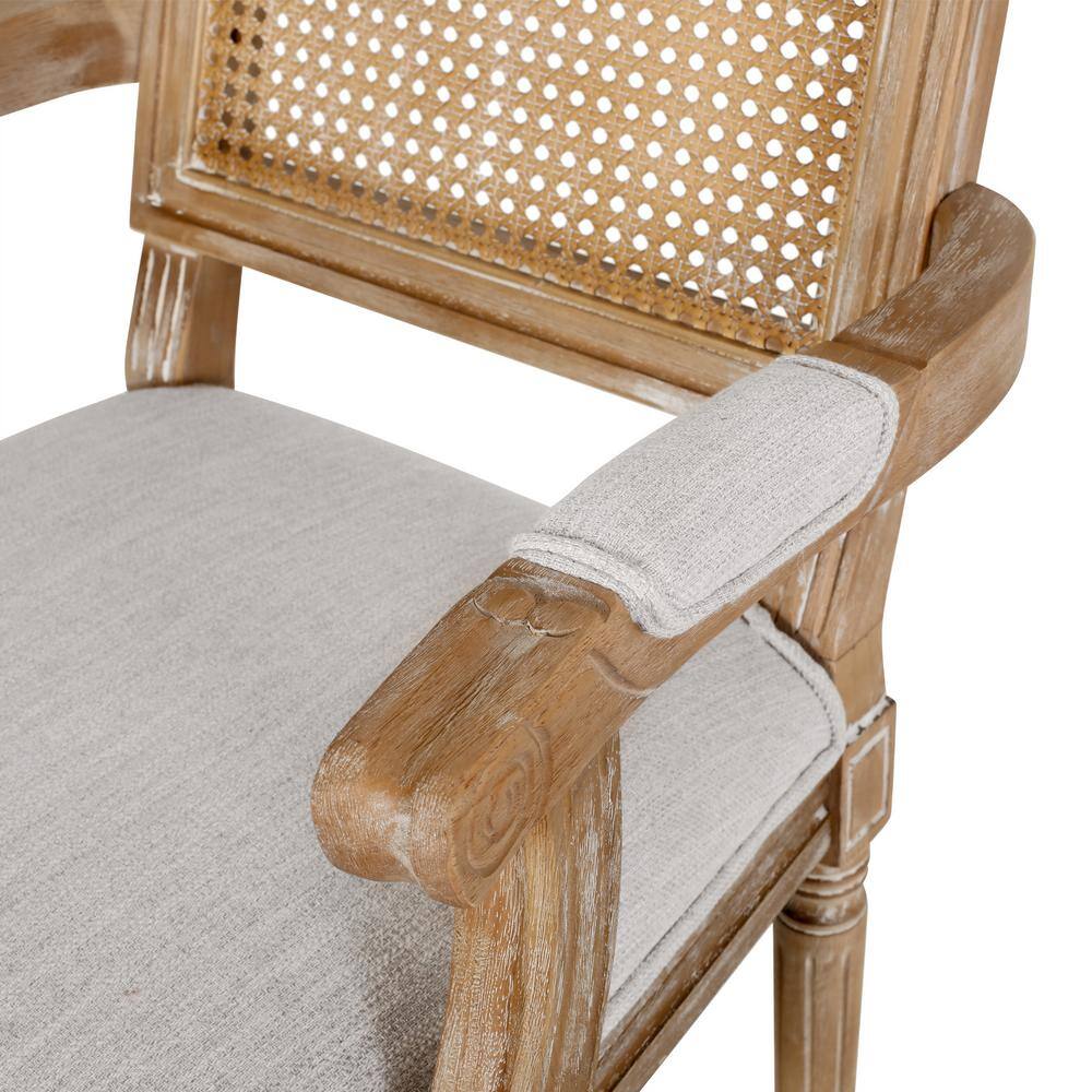 Light Gray Upholstered Wood and Cane Arm Chair Set