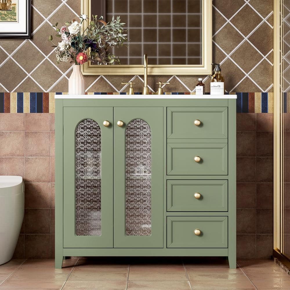 Nivencai 36 in. Freestanding Sage Green Bath Vanity with White Ceramic Top and Soft Close Glass ...