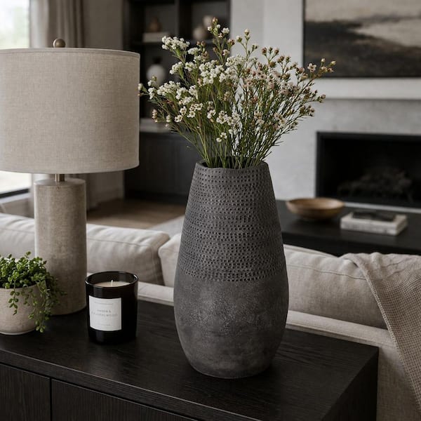 Liv & Skye 18.5 in. Brown Ceramic Amphora Pierced Rustic Tall Decorative Vase 22782-02