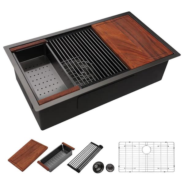 33" Black Undermount Kitchen Sink Workstation, Kitchen Sinks with Ledge Round Corner Stainless Steel Single Bowl Basin