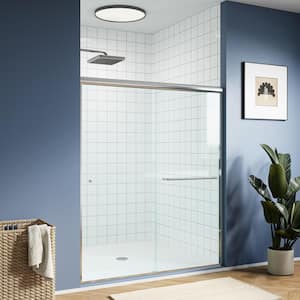 55 in. - 59 in. W x 70 in. H Double Sliding Semi-Frameless Shower Door in Brushed Nickel with Clear Glass