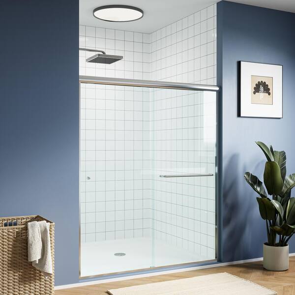 55 in. - 59 in. W x 70 in. H Double Sliding Semi-Frameless Shower Door in Brushed Nickel with Clear Glass