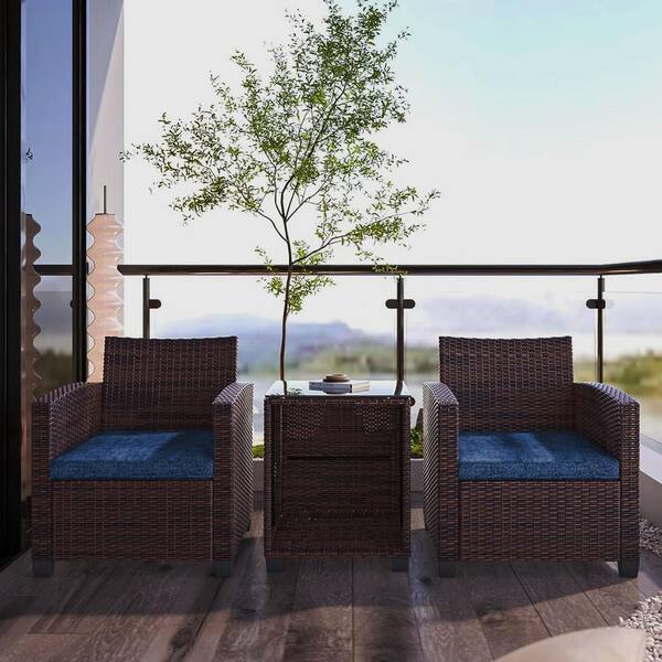 Unbranded 3-Pieces Wicker Patio Conversation Set Outdoor Rattan Furniture with Blue Cushions