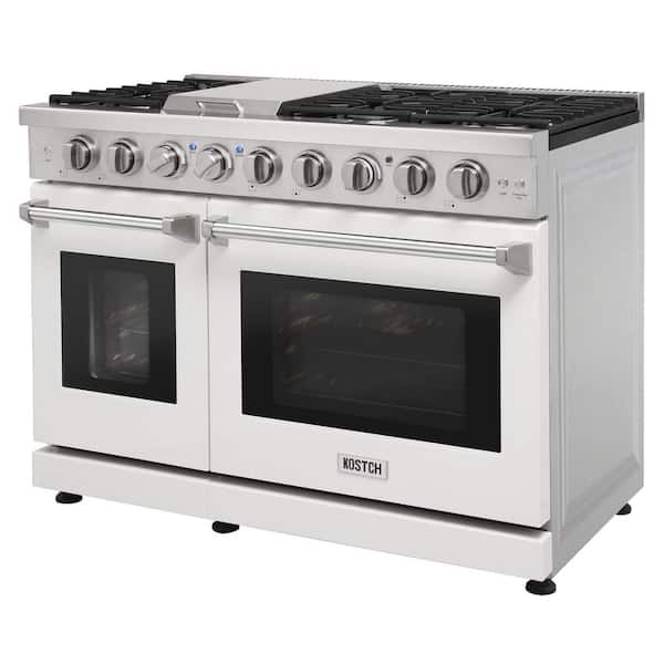 48 in. 6.8 cu. ft. 6 Burners Freestanding Double Oven Gas Range in Stainless Steel with Griddle and White Oven Door