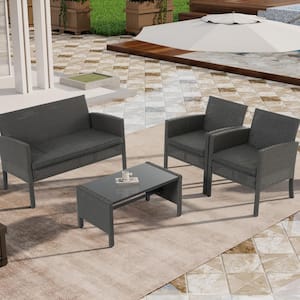 4-Pieces Rattan Patio Conversation Sets with Gray Cushions