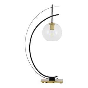 28 in. Black and Gold Hardwired LED Arched Metal Table Lamp with Clear Glass Shade