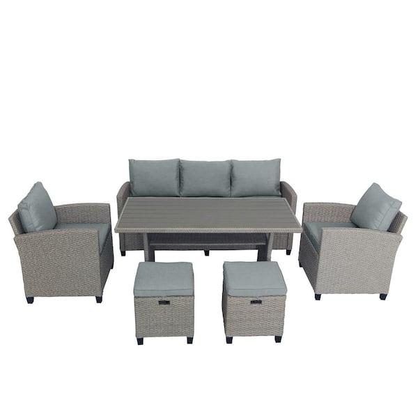 waelph Gray 6-Piece Wicker Patio Conversation Set with Gray Cushions