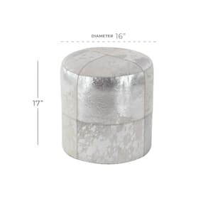 17 in. Silver Handmade Leather Stool with Silver Foil Paint