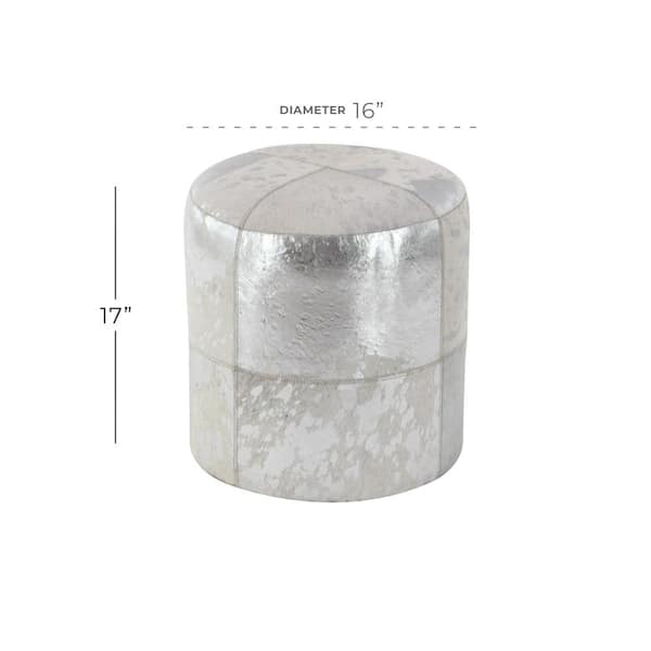 17 in. Silver Handmade Leather Stool with Silver Foil Paint
