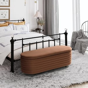 Farrah 54 in. Wide Oval Velvet Upholstered Entryway Flip Top Storage Bedroom Accent Bench in Brown
