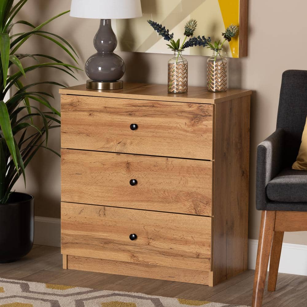 Decon Oak Brown Wood 3-Drawer Modern Storage Chest