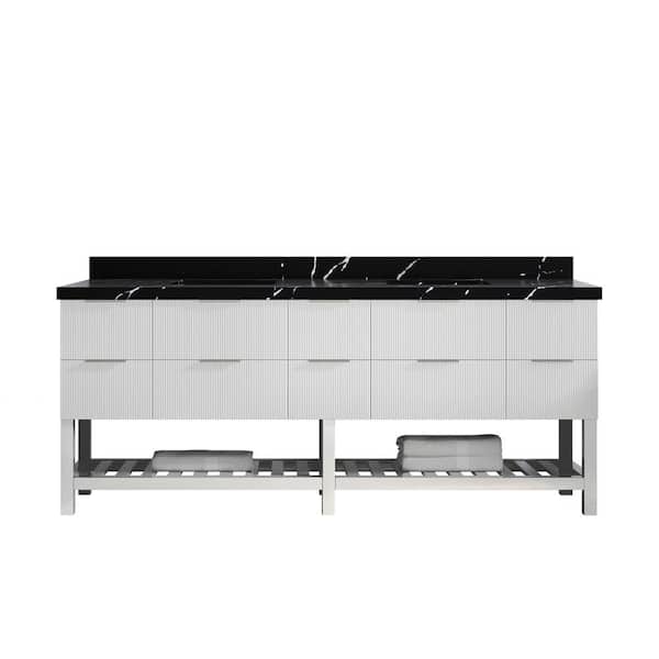 Willow Collections Catalina 84 in. W x 22 in. D x 36 in. H Double Sink Bath Vanity in White with 2 in. Calcutta Black Qt. Top