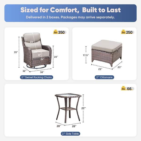 Moonluxe Brown Swivel Glider Wicker Outdoor Rocking Chair with Beige Olefin 6 in. Thick Cushions/Ottoman (5-Piece)