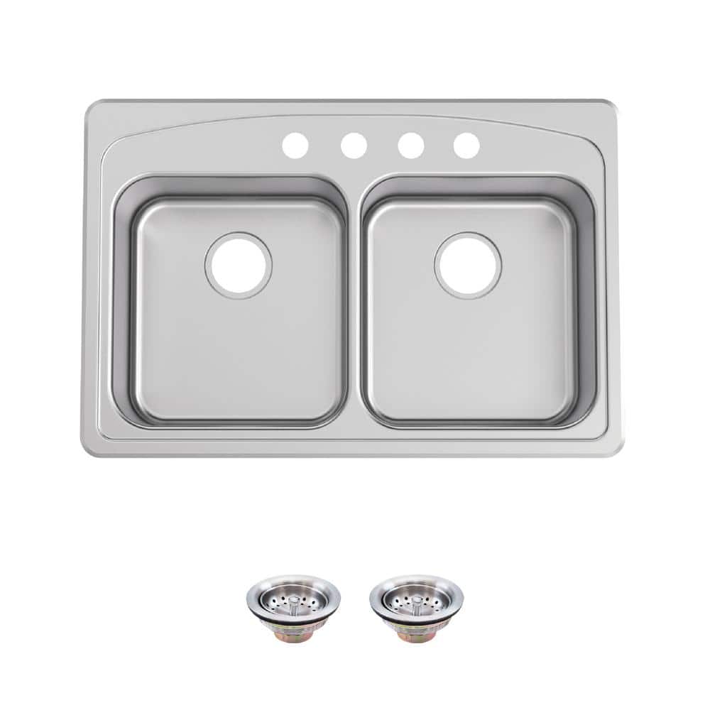 33 in. Drop-In 50/50 Double Bowl 20 Gauge Stainless Steel Kitchen Sink with Accessories