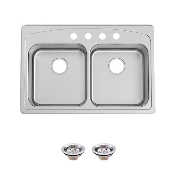 33 in. Drop-In 50/50 Double Bowl 20 Gauge Stainless Steel Kitchen Sink with Accessories