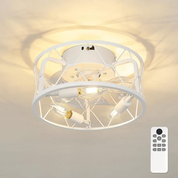 JAZAVA 12 in. Indoor White 100-240 V Low Profile Mini Cage Ceiling Fan with Light
