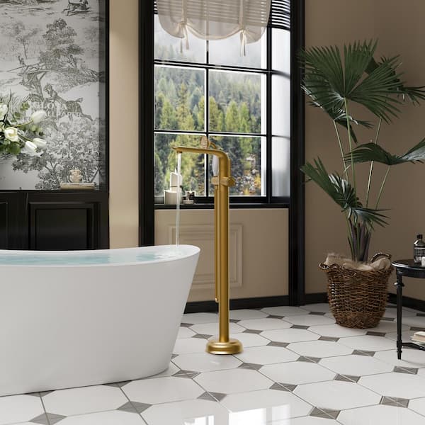 2-Handle British Vintage Style Floor Mount Freestanding Tub Faucet Bathtub Filler with Hand Shower in Brushed Gold
