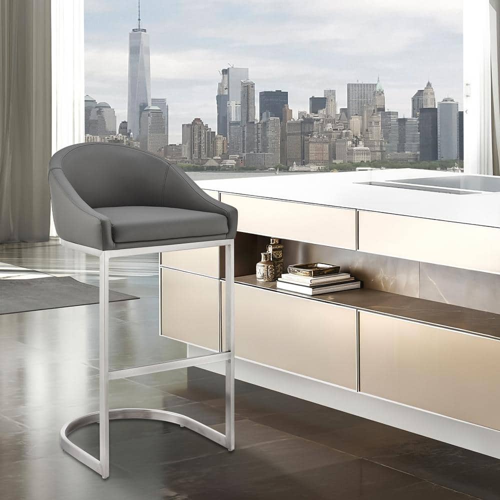Katherine 26 in. Gray Low Back Metal Counter Stool with Faux Leather Seat