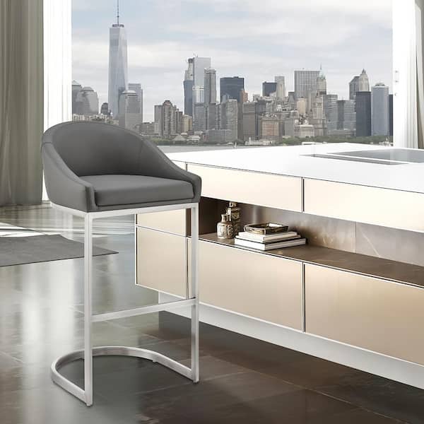 Armen Living Katherine 26 in. Gray Low Back Metal Counter Stool with Faux Leather Seat