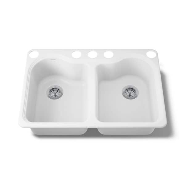 Hartland Undermount Cast Iron 33 in. 5-Hole Double Bowl Kitchen Sink in White