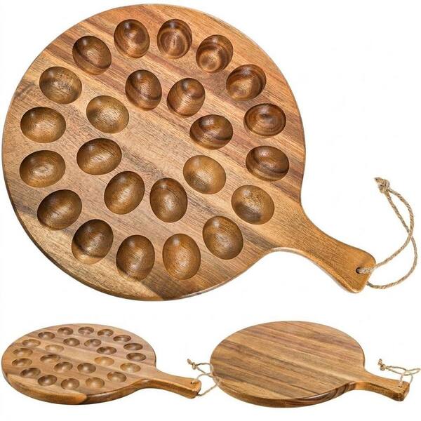 24-Hole Round Acacia Wood Deviled Egg Platter with Handle 15.5 x 11.7 in for Entertaining and Serving