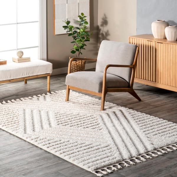 Risette Geometric Shag Tassel Beige 7 ft. 10 in. x 10 ft. Area Rug