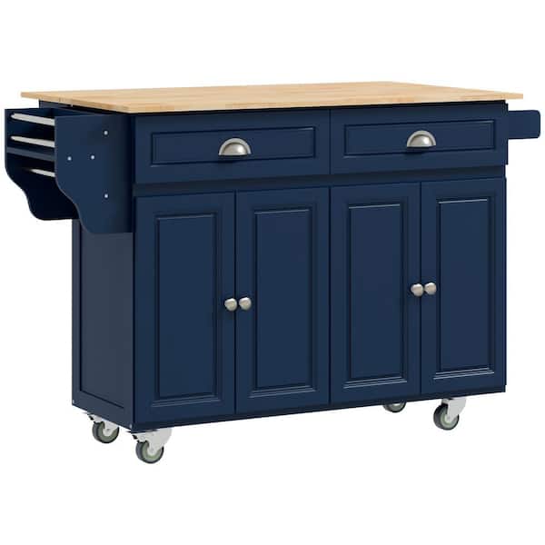 HOMCOM Deep Blue Metal Top 18 in. Kitchen Island with Wheels, Cabinets, Drawer, Towel and Knife Rack
