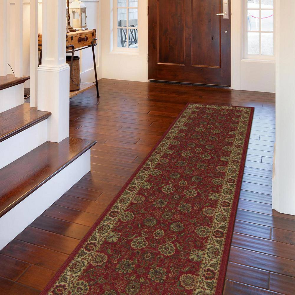 Dark Red Floral Non-Slip Synthetic Runner Rug