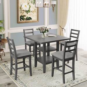 5-Piece Gray Wooden Counter Height Dining Table Set Seats 4, Square Table Set with 4 Padded Chairs and 2-Tier Shelves