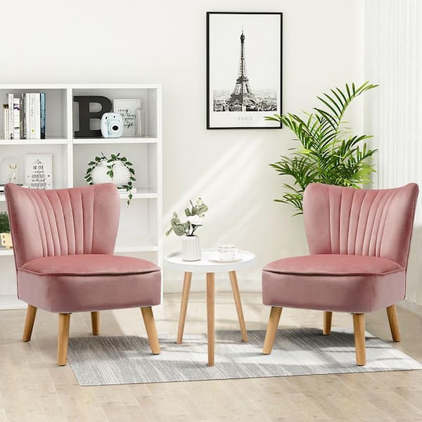 16 in. L End Table and 3-Pieces Pink Accent Chair and Set 2-Pieces Armless Velvet Sofa and Round Wood Coffee Table