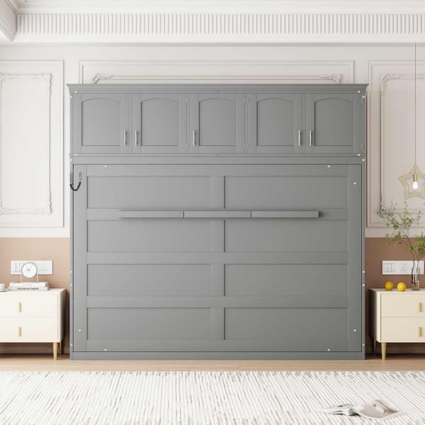Gray Wood Frame Queen Murphy Bed with Top Cabinets