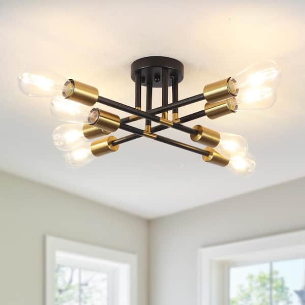 LWYTJO 16.92 in. 8 Light Black/Gold Dimmable Sputnik Linear Chandelier Semi Flush Mount Chandelier for Living Dining Room Foyer