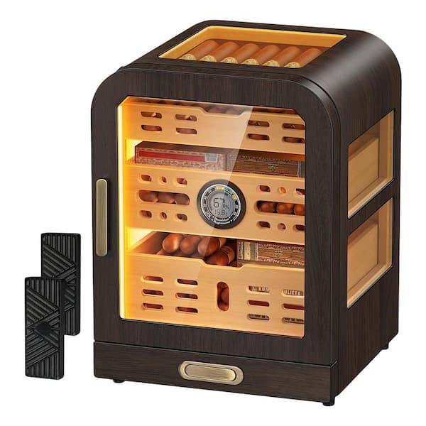 15.7 in. W x 10.2 in. H Cedar Wood Cigar Humidor with 3 Side Windows, LED Lighting,Digital Thermometer and 2 Humidifiers