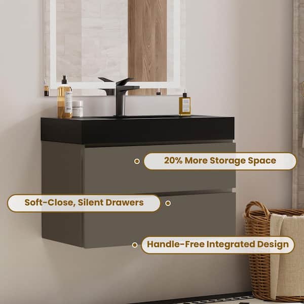 NOBLE 36 in. W x 18 in. D x 25 in. H Single Sink Floating Bath Vanity in Gray with Black Solid Surface Integral Top