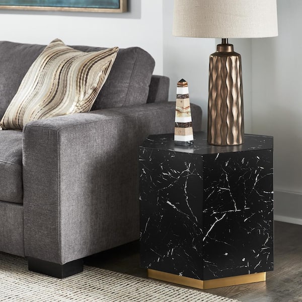 Black Hexagon Faux Marble End Table