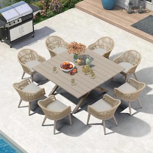 9 Piece Aluminum All-Weather PE Rattan Square Outdoor Dining Set with Cushion, Champagne