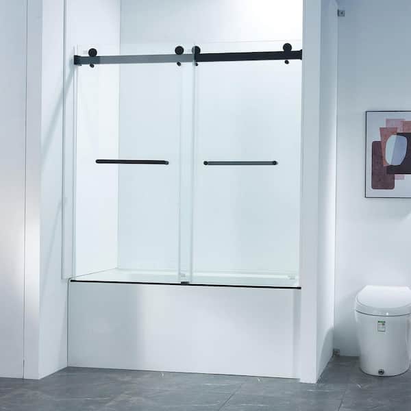 56-60 in. W x 60 in. H Frameless Double Sliding Shower Tub Door in Matte Black with Clear Tempered Glass