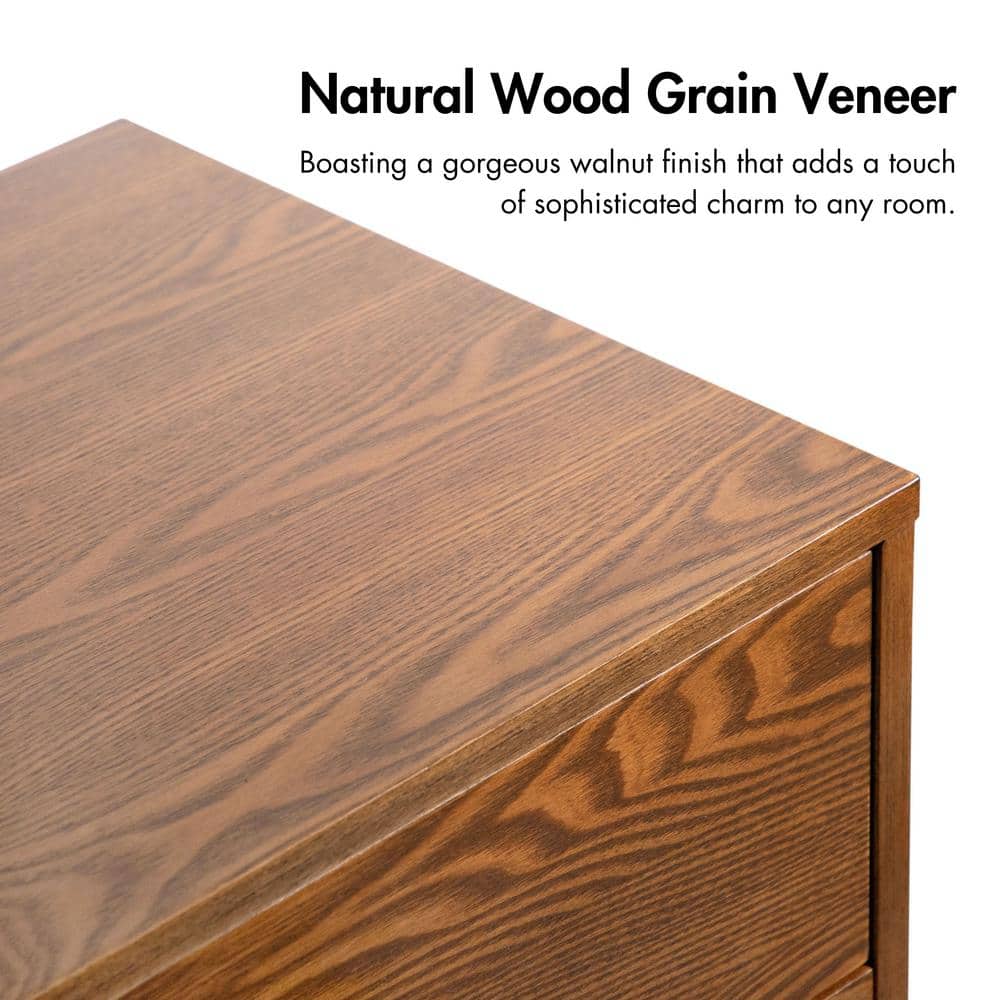 Walnut Brown Mid-Century Modern 5-Drawer Chest with Brass Handles