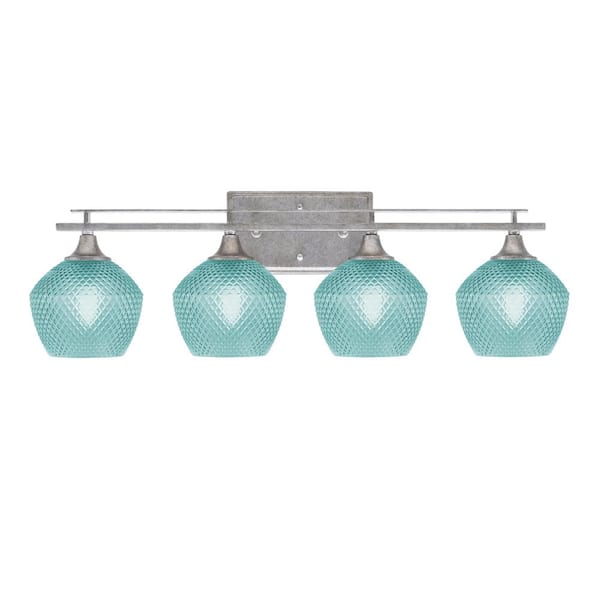 Unbranded Ontario 28.5 in. 4-Light Vanity Light Aged Silver Turquoise Textured Glass Shades