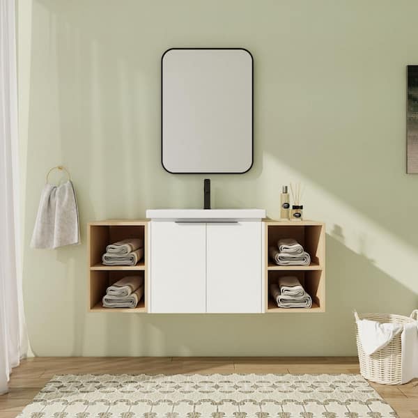 48 in. Wall-Mounted Single White Bath Vanity with White Ceramic Vanity Top Unassembled