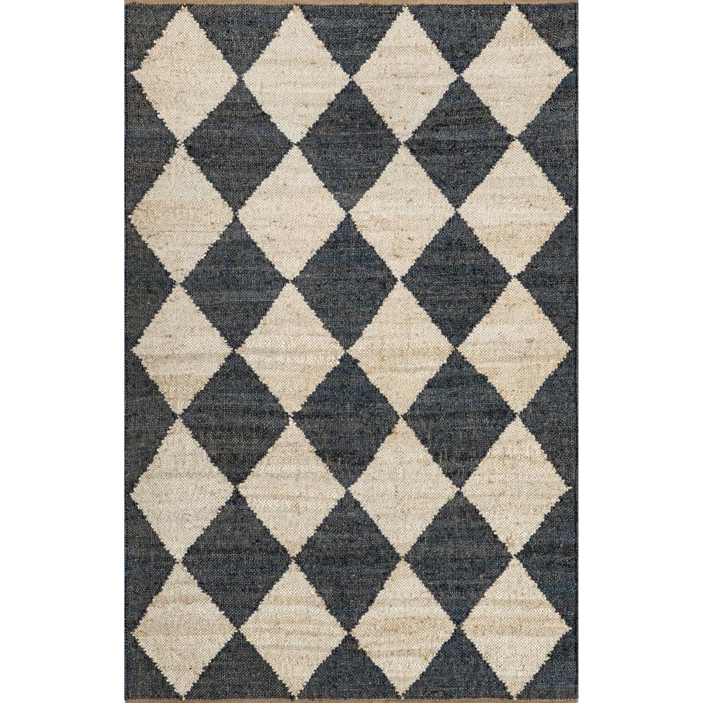 Charcoal and Beige Diamond Pattern Jute Rectangular Rug, 5' x 8'