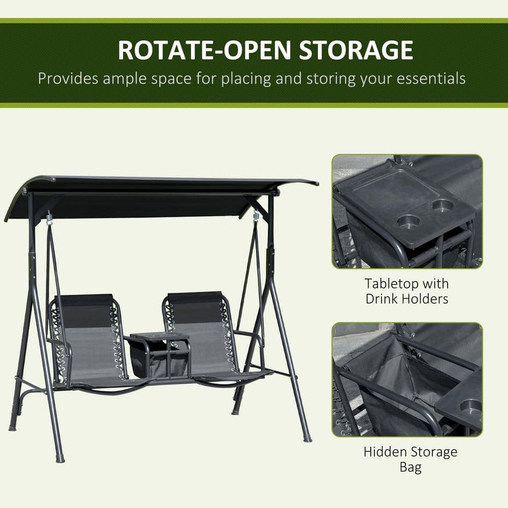 Deluxe Black Covered Porch Swing with Adjustable Canopy and Storage