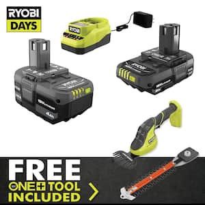 ONE+ 18V Lithium-Ion 4.0 Ah Battery, 2.0 Ah Battery and Charger Kit with FREE ONE+ Cordless Grass Shear/Shrubber Trimmer