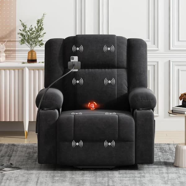 J&E Home Black Chenille Electric Recliner Chair with with Massage and Heating Functions