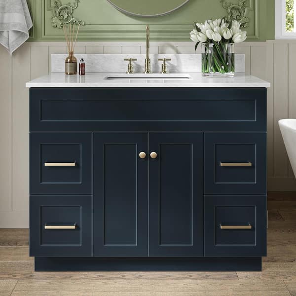 ARIEL Hamlet 43 in. W x 22 in. D x 35.25 in. H Freestanding Bath Vanity in Midnight Blue with Carrara White Marble Top