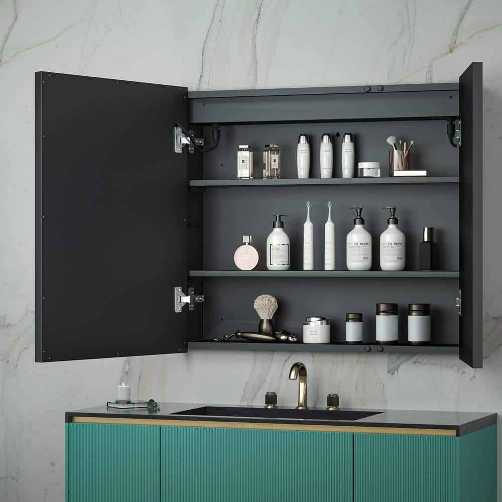 Black Aluminum Dual Swing LED Medicine Cabinet with Mirror