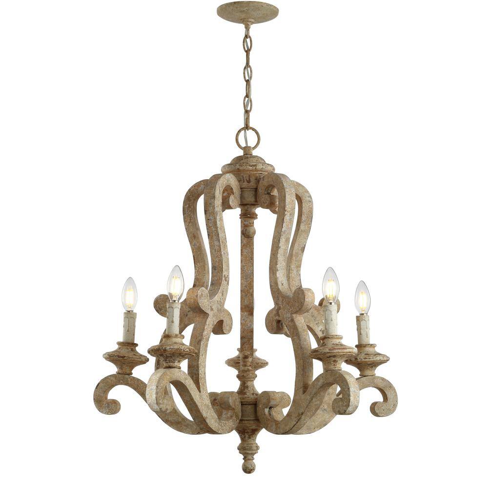 JONATHAN Y Oria 5-Light 27 in. Adjustable Brown Wood/Iron Rustic ...